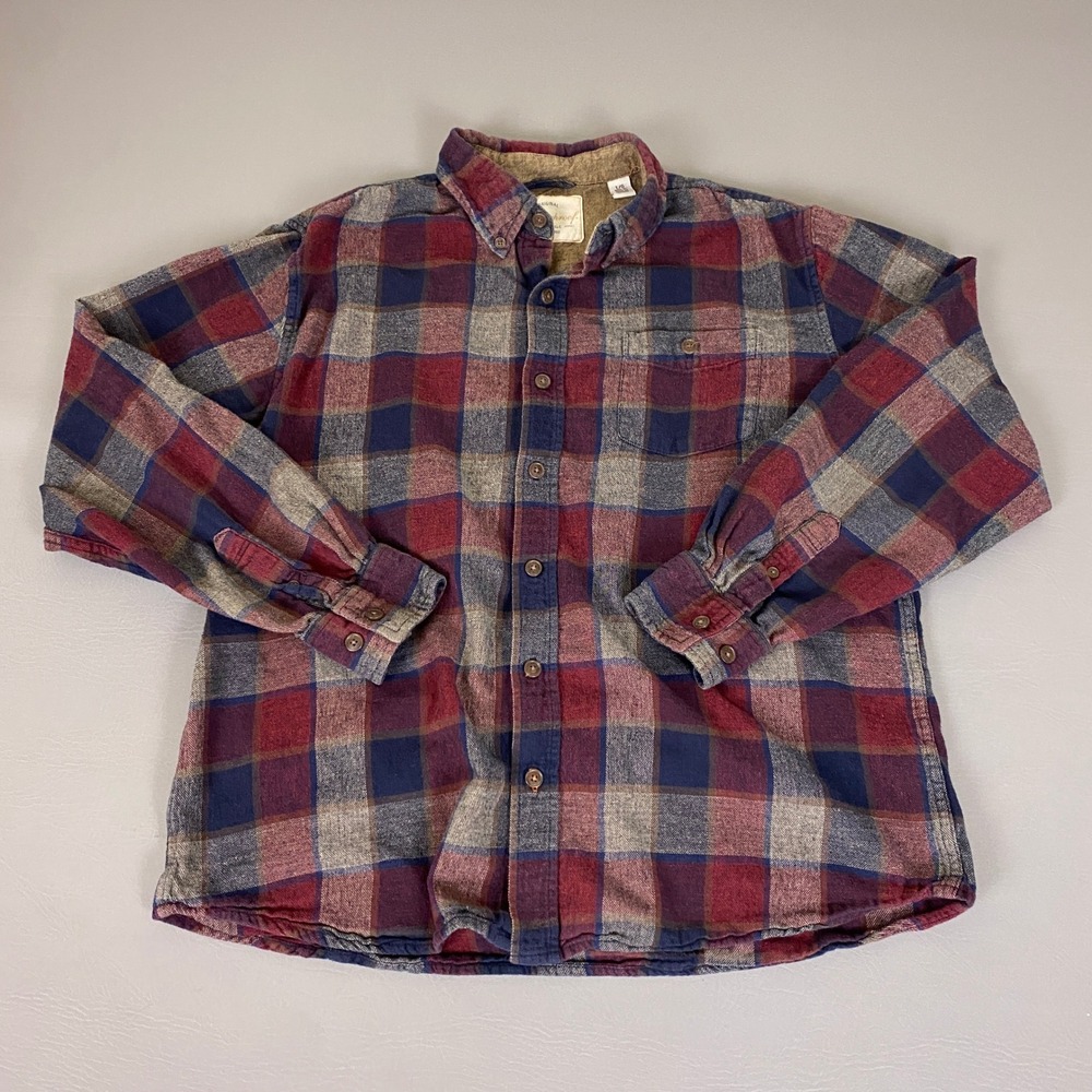 Weatherproof Vintage Flannel Shirt Men's Large Plaid Red Navy Blue Button Down
